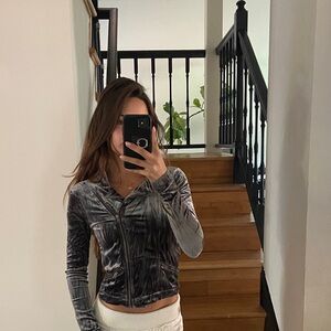 Vintage Mudd Grey Crushed Velvet Zip-Up Jacket